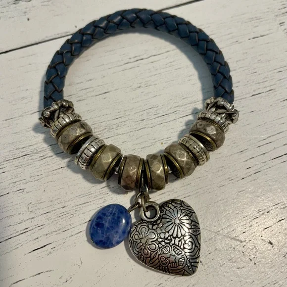 Vintage Blue Braided leather Bracelet with Silver Accents and heart charm - Picture 2 of 8